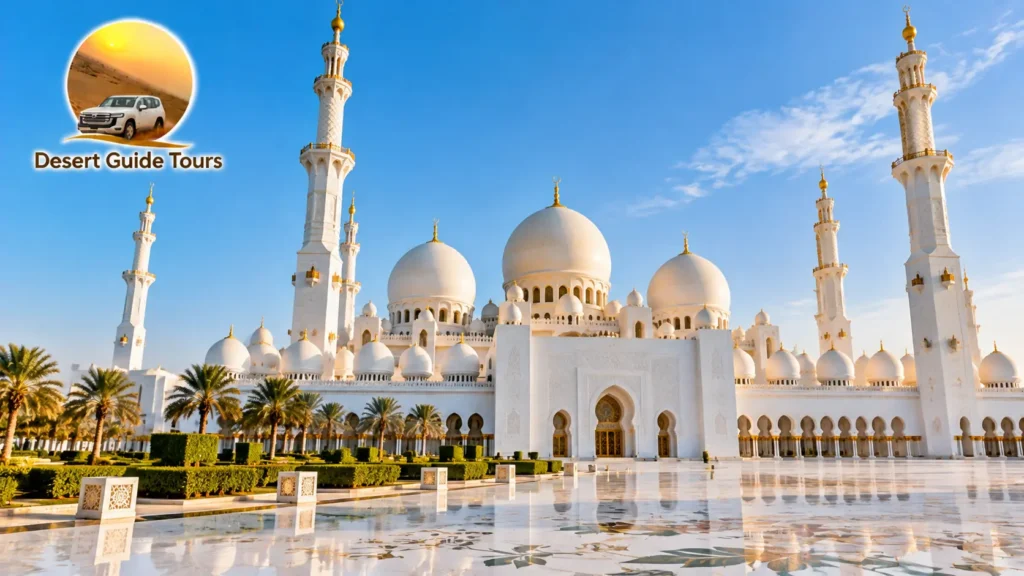 White domes and minarets of Sheikh Zayed Grand Mosque in Abu Dhabi