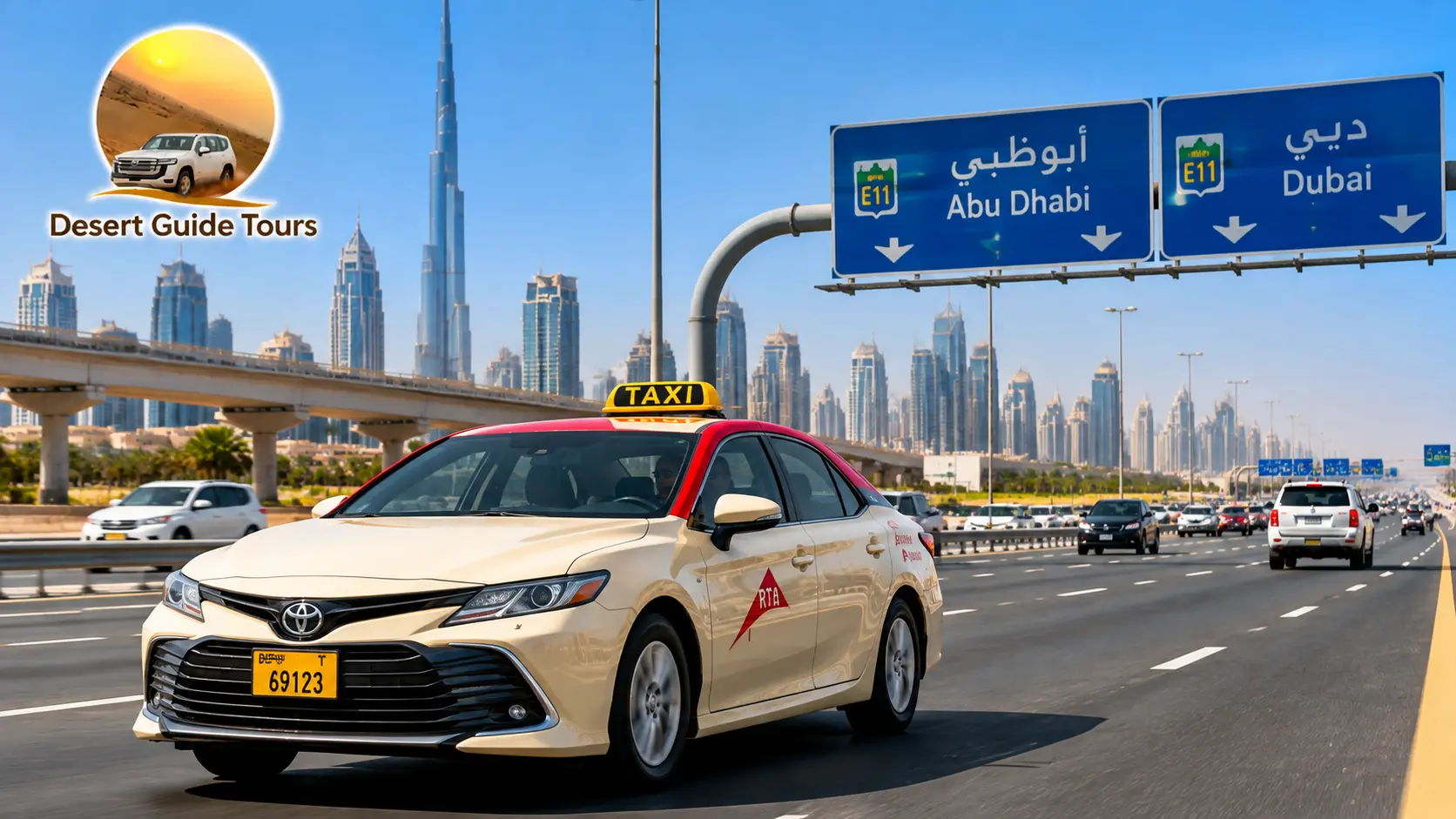 Dubai taxi travelling on a highway towards Abu Dhabi