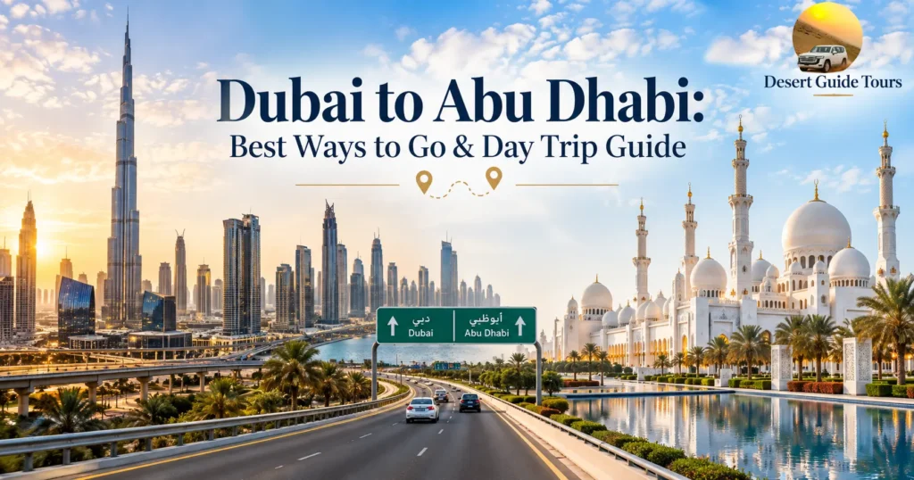 Dubai skyline and Sheikh Zayed Grand Mosque, illustrating travel between Dubai and Abu Dhabi
